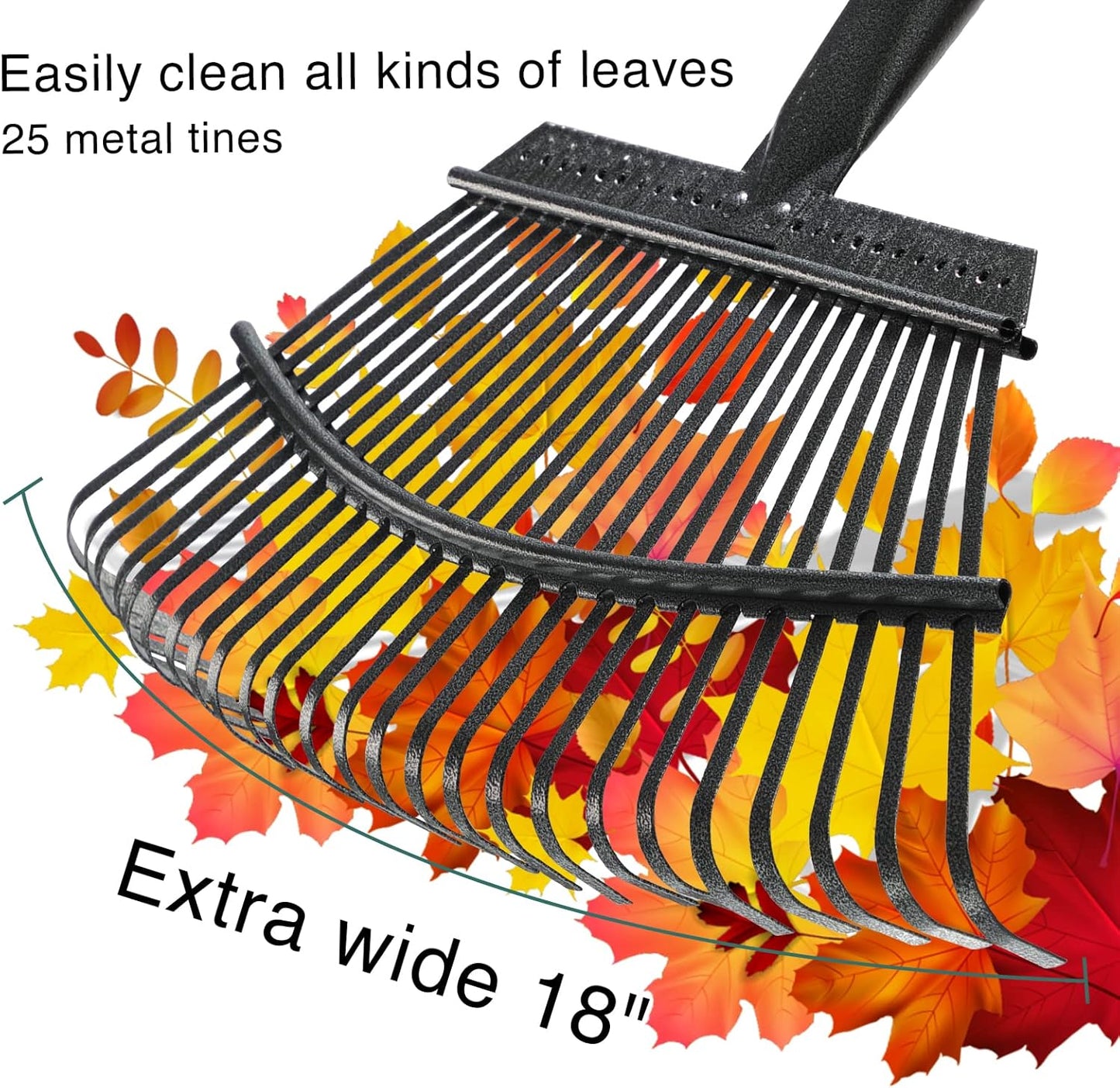 Garden Leaf Rake, Shrub Rake for Leaves Long Handle Heavy Duty, 18" Width Metal Mulch Rake for Gardening, Flower Beds, Lawn, Yard, 6ft
