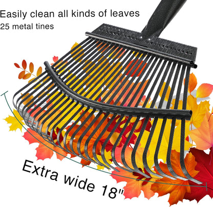 Garden Leaf Rake, Shrub Rake for Leaves Long Handle Heavy Duty, 18" Width Metal Mulch Rake for Gardening, Flower Beds, Lawn, Yard, 6ft