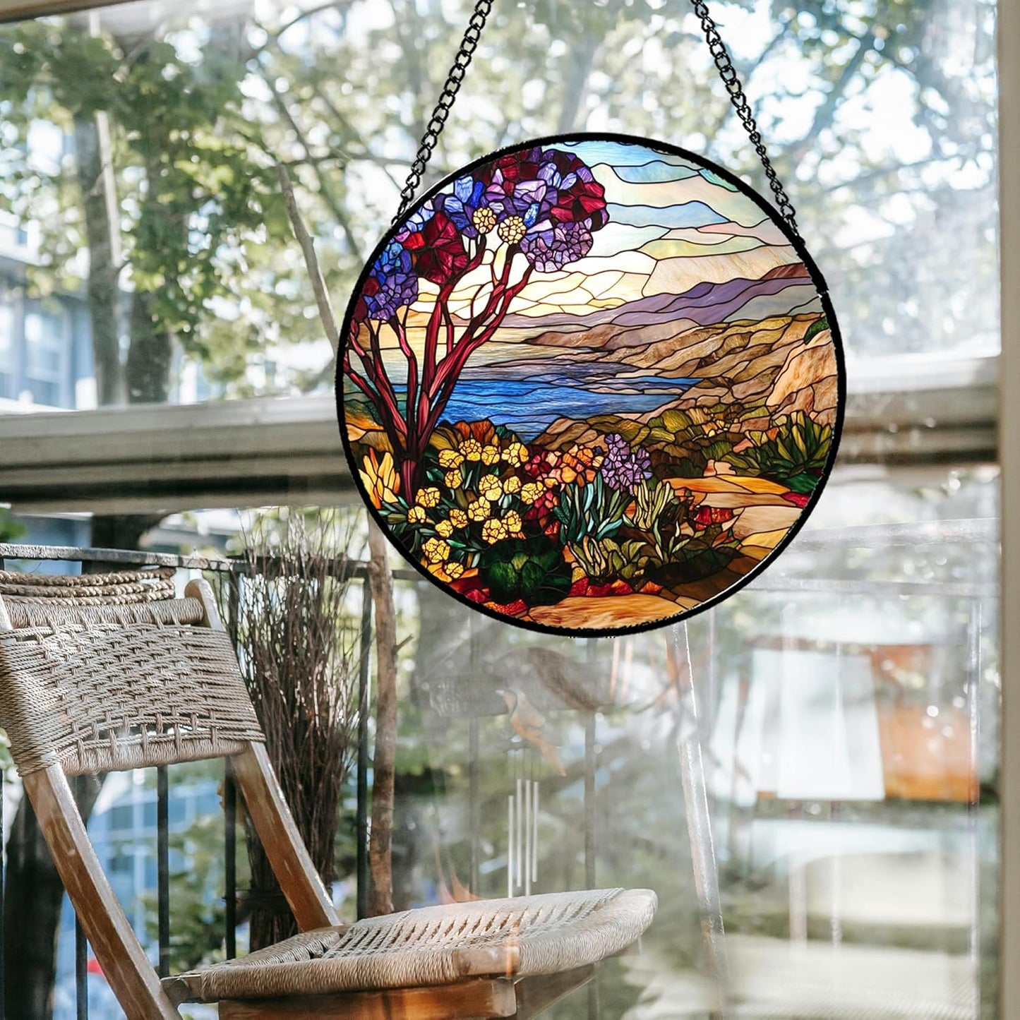 Stained Glass Window Hanging Retro Wildflowers Lake Mountain Scenery 9.8" - Suncatcher Door Garden Sun Catcher Home Decor Birthday Christmas for Mom Men Woman Friend