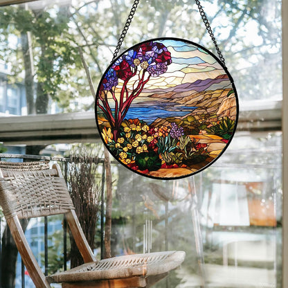 Stained Glass Window Hanging Retro Wildflowers Lake Mountain Scenery Large 15" - Suncatcher Door Garden Sun Catcher Home Decor Birthday Christmas for Mom Men Woman Friend