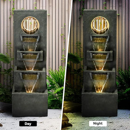 Naturefalls 39.3” H Modern Outdoor Fountain - 4-Tiered Outdoor Garden Fountains with Contemporary Design&LED Light for Garden, Patio, Deck, Porch, Backyard and Home Art Decor
