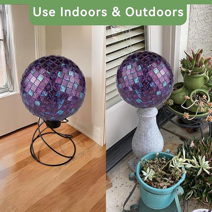 Lily's Home Glass Gazing Ball | Holographic Effect, Stunning Rainbow Color Reflection Effect, Mosaic Design, Purple Mirrors, Attracts Good Fortune, Lovely Centerpiece, 10” Dia.