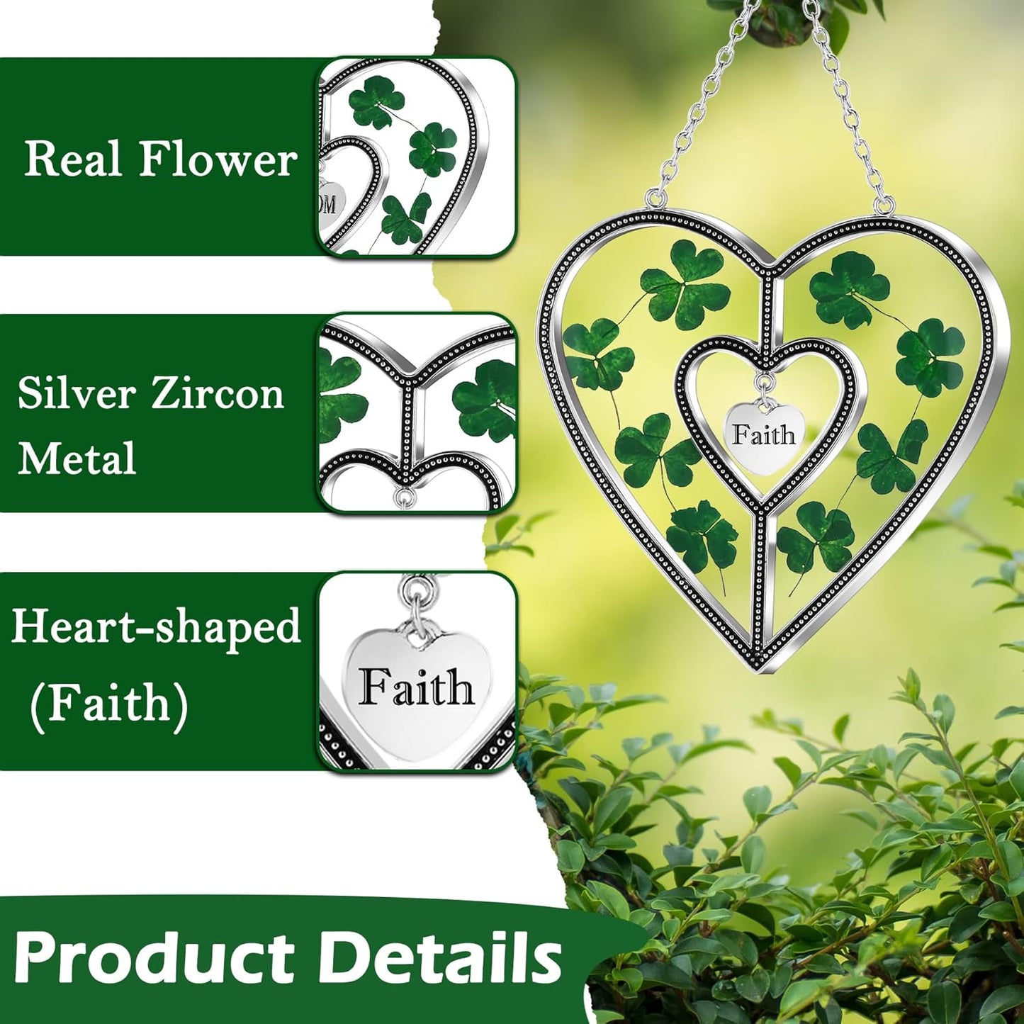 KY&BOSAM Shamrock Heart Suncatcher Grandma Gift Stained Glass Suncatcher for Window Hanging Wind Chime with Pressed Flower Heart Faith Birthday Gift for Women St Patrick's Day Decor Irish