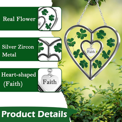 KY&BOSAM Shamrock Heart Suncatcher Grandma Gift Stained Glass Suncatcher for Window Hanging Wind Chime with Pressed Flower Heart Faith Birthday Gift for Women St Patrick's Day Decor Irish