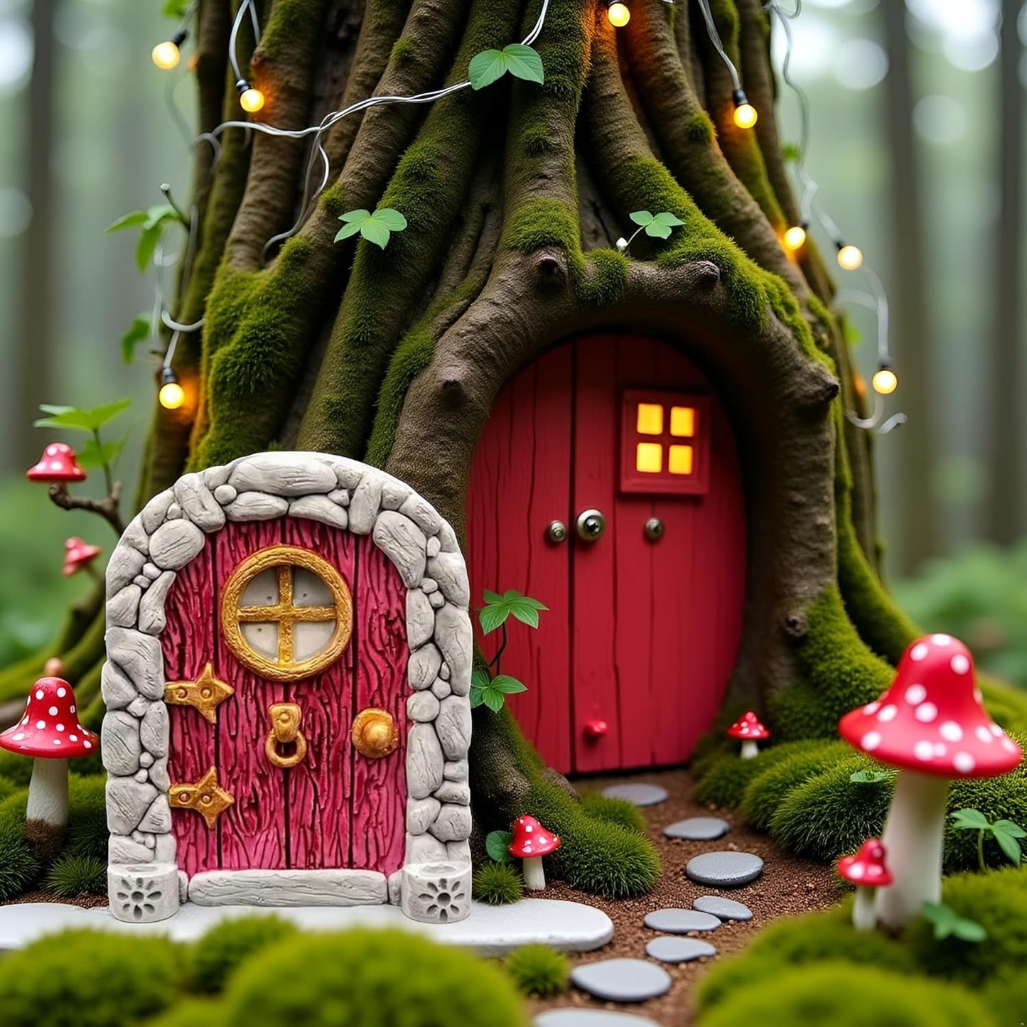 Red Mini Fairy Garden Door for Tree, 3D Miniature Fairy Door for Fairytale Tiny House Doors, Bonsai Terrarium Micro Landscape Decoration Accessories Garden Miniatures