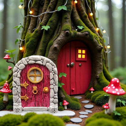 Red Mini Fairy Garden Door for Tree, 3D Miniature Fairy Door for Fairytale Tiny House Doors, Bonsai Terrarium Micro Landscape Decoration Accessories Garden Miniatures