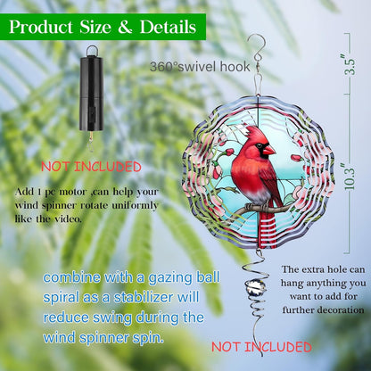 3D Cardinal Wind Spinner 3D Bird Spinners with Flower for Yard and Garden 3D Stainless Steel Cardinal Spinner with Unique Visual Effect Perfect Garden Decoration and Gift 10Inch