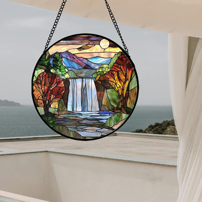 Stained Glass Window Hanging, Abstract Landscape Waterfall Mountains Trees Suncatcher for Doors Window Home Sun Catchers Decor Mother's Day Birthday Gifts for Women Men Mom 6.3 in
