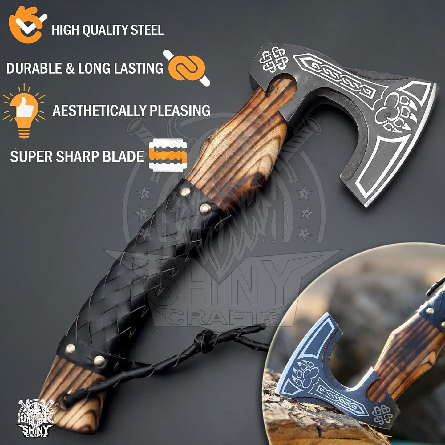 SHINY CRAFTS®- Decorative Viking Axe – Unique Gift for Dad Carbon Steel Blade with Leather Handle Perfect for Bushcraft or Display (SCA-16)