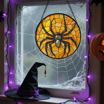 Stained Glass Window Hanging - Halloween Decorations Black Spider Suncatcher for Doors Garden Indoor Spooky Funny Sun Catchers Gothic Decor Horror Gifts for Women Men Friend 11.8 in