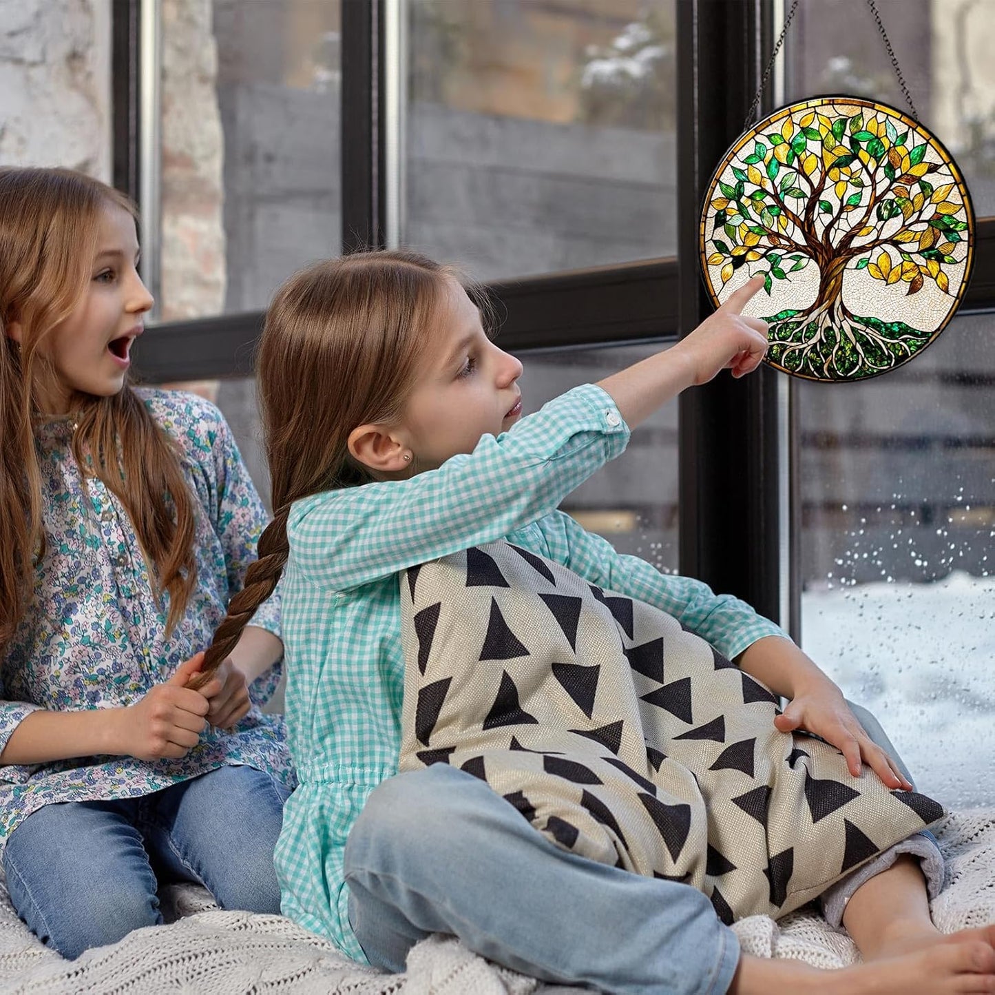 Tree of Life Stained Glass Window Hanging World Tree Sun Catcher Gifts for Women Handmade Suncatchers Decoration for Garden Home Windows Hanging Protection Charm, 7.87inch