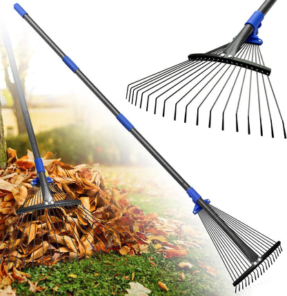 Rake for Leaves: Adjustable Metal Leaf Rake for Lawn, 8-17" Expandable Head, 45” Long Handle,Collapsible Heavy Duty Women Kids Garden Rakes for Yard Pine Needles Mulch Grass Debris Gardening Camping