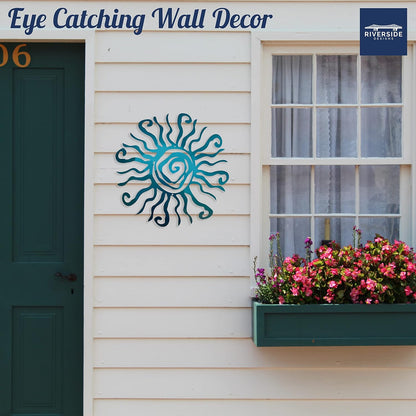 Riverside Designs Wacky Sun Metal Wall Art Indoor/Outdoor Decor - 24" Teal Rust Proof Wall Sculpture - Made in USA - Ideal for Bedroom, Garden, Home, Patio and Farmhouse