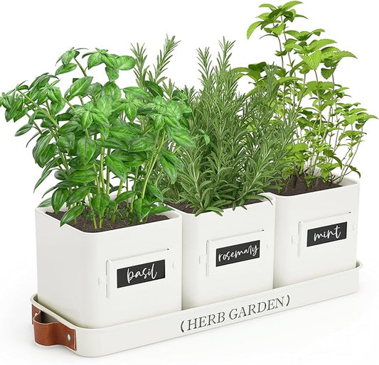 PERFNIQUE Indoor Herb Garden, Herb Garden Planter Set with Tray, Farmhouse Indoor Plant Pots, Windowsill Herb Garden with Drainage(Planter only) for Indoor/Outdoor, Window Pots(White)