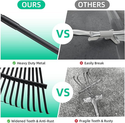 Rake for Leaves Heavy Duty Metal Garden Tools with 64.1 Inch Adjustable Steel Handle 25 Tines Leaf Rakes for Lawns Flower Bed Shrub Camping, Black