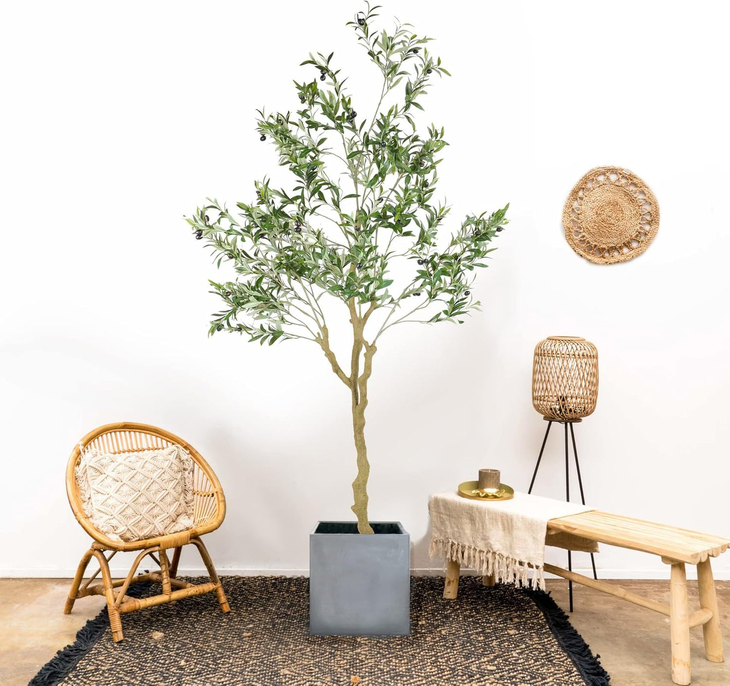 Tall Faux Olive Tree，7ft（84in） Realistic Potted Silk Artificial Indoor with Green Leaves and Big Fruits for Home Office Living Room Bedroom Stairs Foyer Decor.