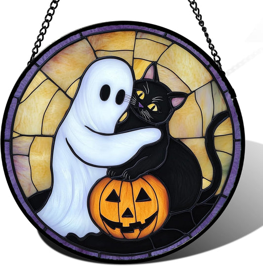 Stained Glass Window Hanging - Halloween Decorations Cute White Ghost Black Cat Suncatcher for
