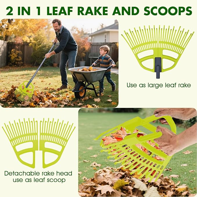 2 in 1 Garden Leaf Rake & Leaf Scoops, Adjustable Leaf Rake for Lawns with Grabber, Hand Rakes for Picking Up Leaves,Pine Needles, Gravel
