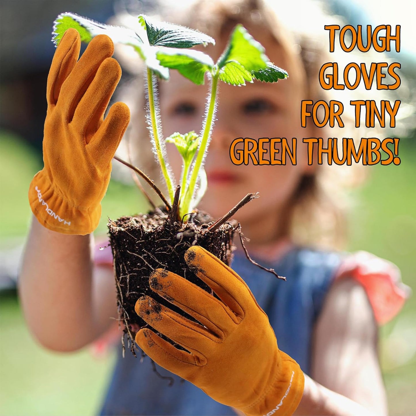 HANDLANDY 2 Pairs Kids Genuine Leather Work Gloves for ages 3-11, Children Gardening Gloves for Boys, Girls (Large (for age 8-11), Orange)