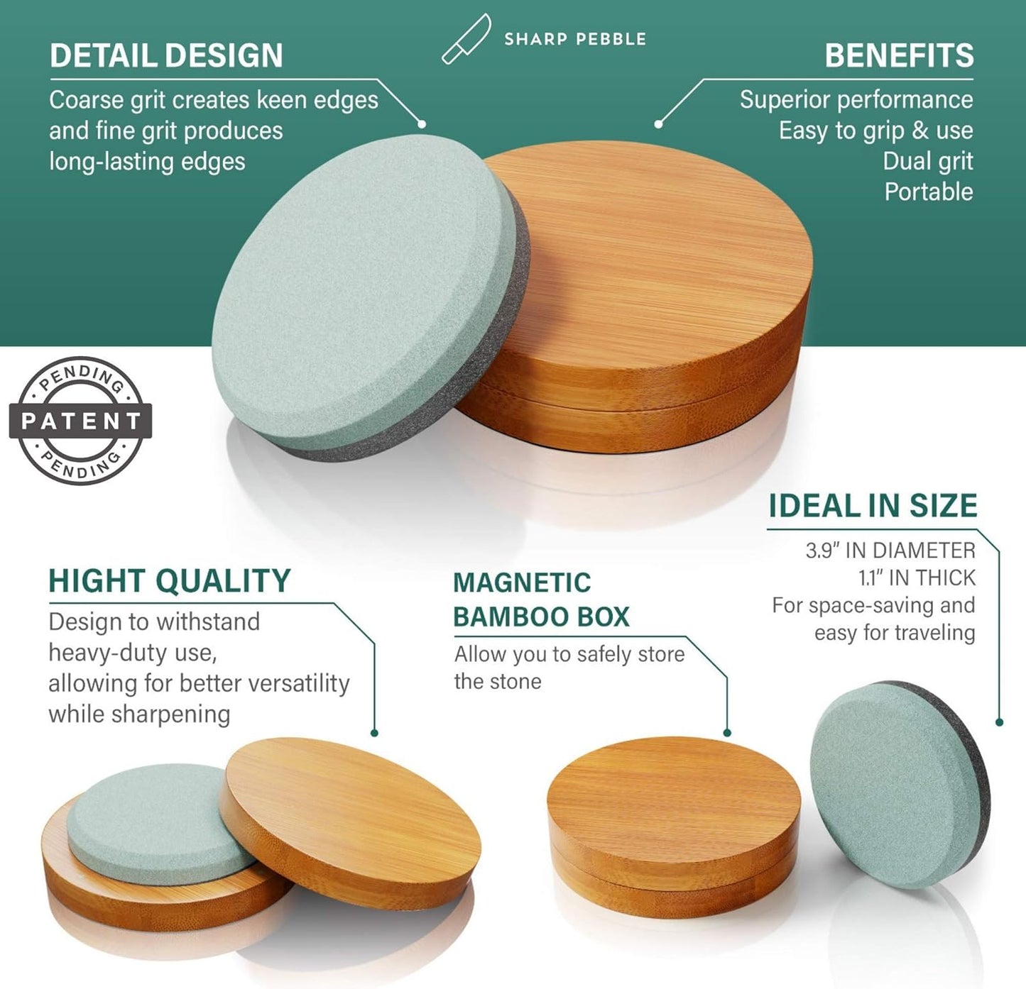 Sharp Pebble Puck/Disk - Axe/Hatchet Large Sharpening Stone- Whetstone Blade & Tool Sharpener- Dual Grit Multipurpose Waterstone Sharpener with Bamboo Box