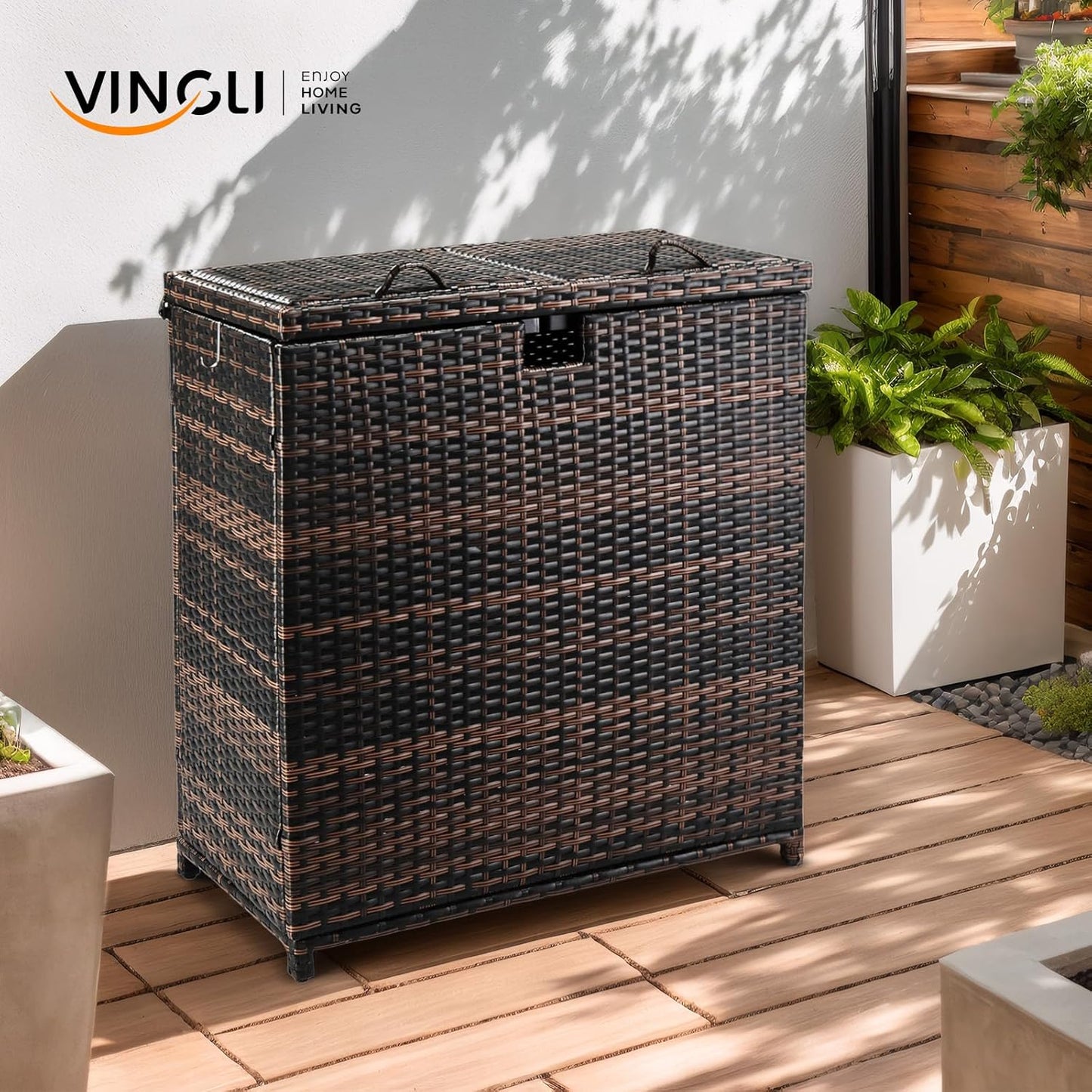 VINGLI 72 Gallon Outdoor Trash Can with Convenient Lid, Rattan Garbage Container with Side Hook, Weatherproof Patio Trash Can for Graden, Yard, Patio, Brown