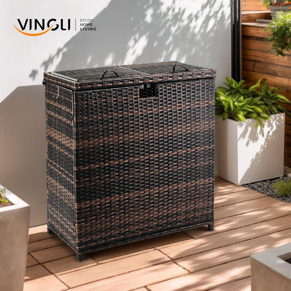 VINGLI 72 Gallon Outdoor Trash Can with Convenient Lid, Rattan Garbage Container with Side Hook, Weatherproof Patio Trash Can for Graden, Yard, Patio, Brown
