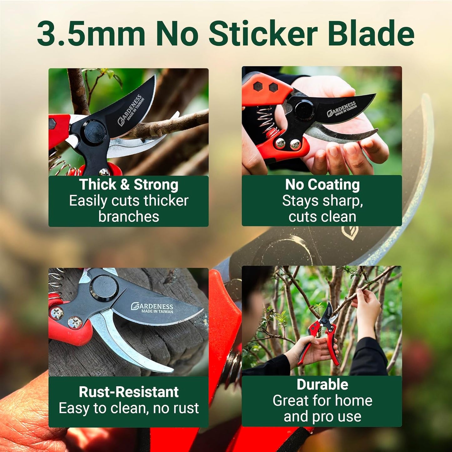 Gardeness Non-stick Coated Blade Bypass Pruning Shears-Garden Clippers For Gardening, Handheld Florist branch cutters - Floral Hand Secateurs with Comfort Grip Handles, Trimming and Yard Work