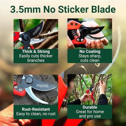 Gardeness Non-stick Coated Blade Bypass Pruning Shears-Garden Clippers For Gardening, Handheld Florist branch cutters - Floral Hand Secateurs with Comfort Grip Handles, Trimming and Yard Work