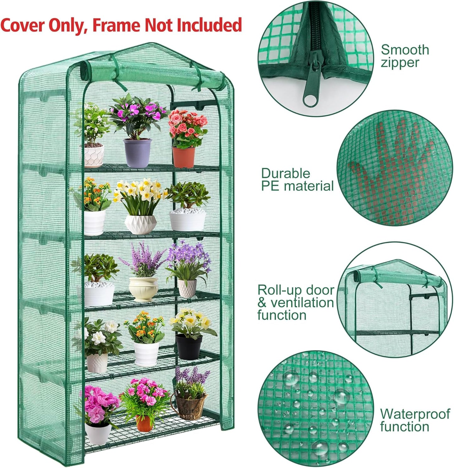 Sfcddtlg Extra Wide 5 Tier Greenhouse Replacement Cover, 75" x 40" x 19" PE Plant Greenhouse Cover with Roll-Up Zipper Door for Outdoor Gardening Plants Cold Frost Wind Rain Proof (Frame NOT Included)