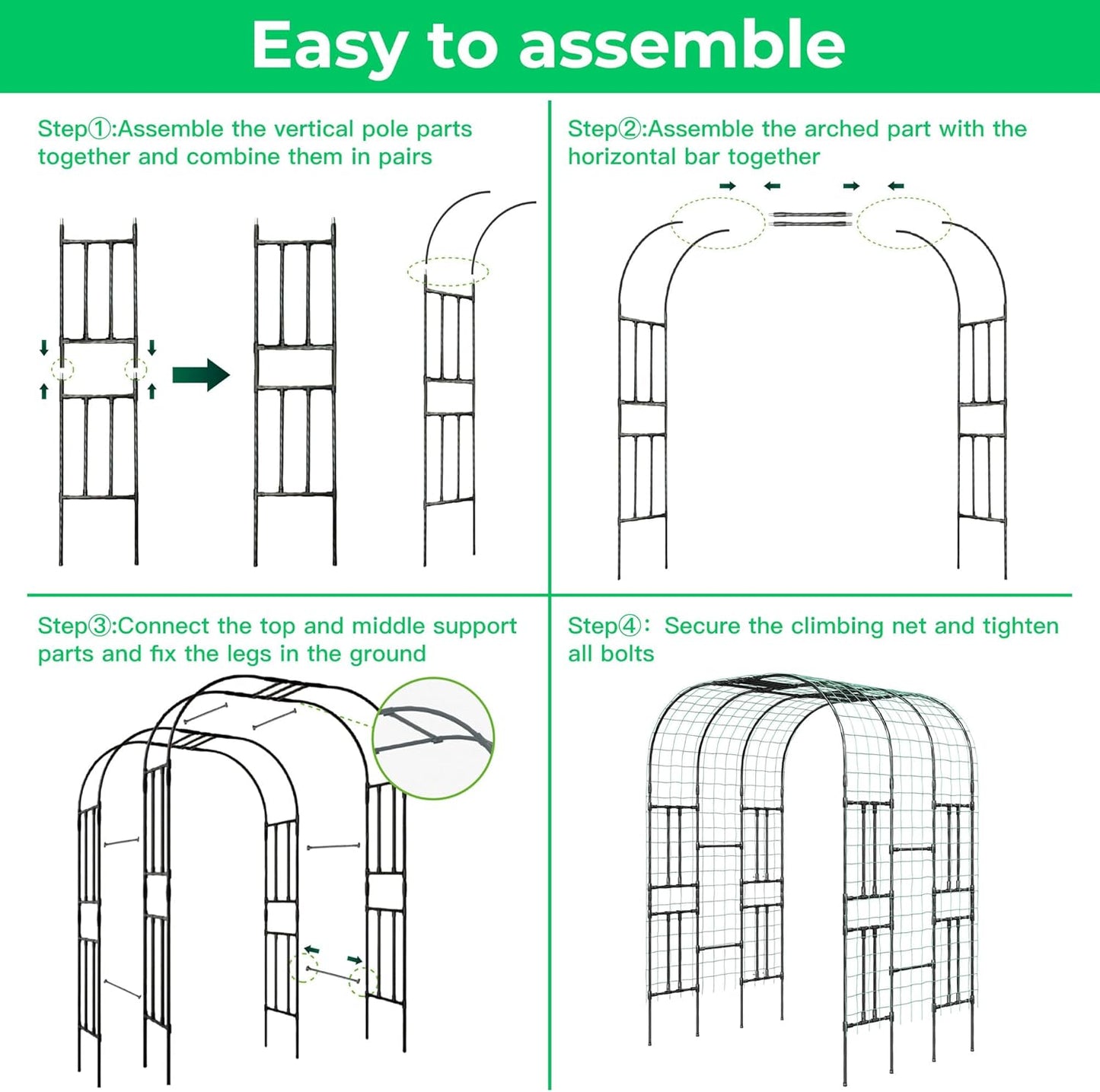 Garden Arch Trellis for Climbing Plants, 7.22 FT Tall Large Arbour Archway for Rose Vine Cucumber Vegetables, Wide Garden Arch for Lawn, Party, Ceremony Wedding Decoration.