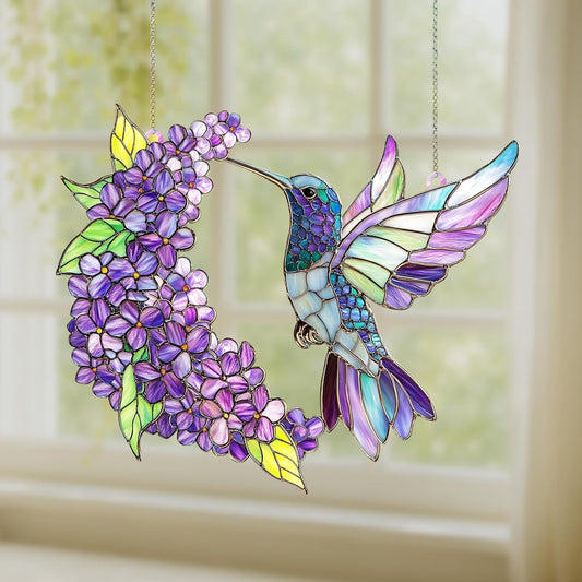 Purple Floral Hummingbird Acrylic Suncatcher Stained Glass Effect Window Car Hanging Christmas