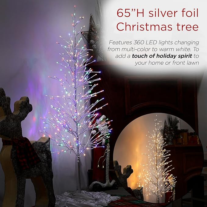 Alpine Corporation 65" H Indoor/Outdoor Pre-Lit Silver Foil Christmas Tree with Yard Stake and 360 LED Lights, Christmas Decoration