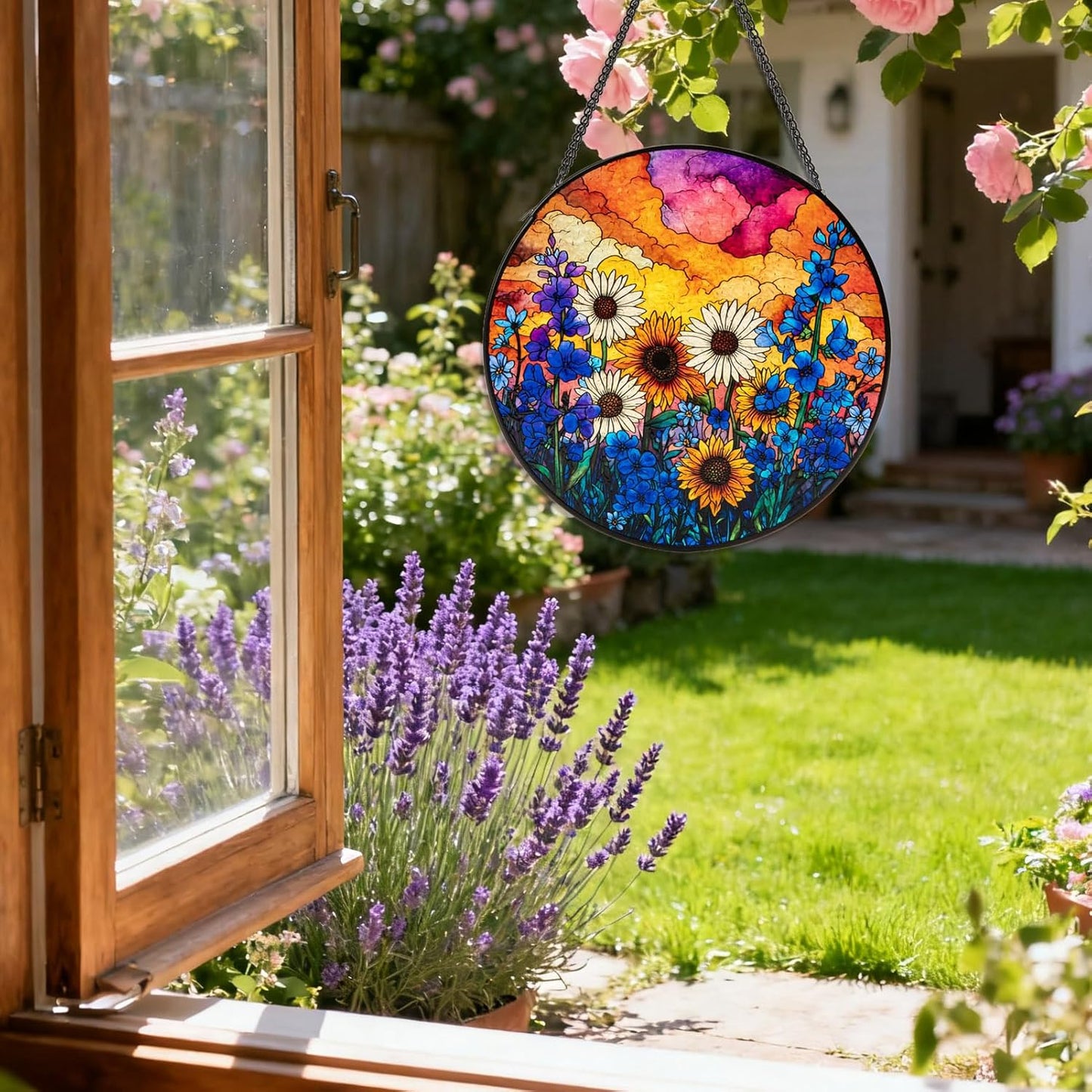 Stained Glass Window Hanging, Daisy Suncatcher for Doors Home Sun Catchers Decoration, Mother's Day Birthday Gifts for Women, Men, and Mom (Wildflowers)