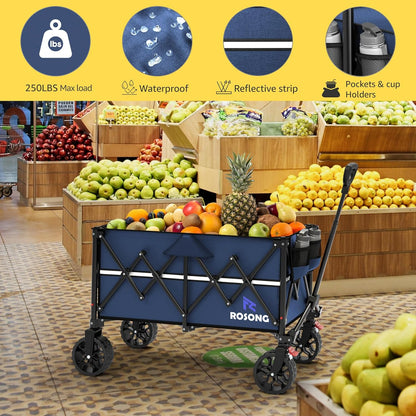Collapsible Wagon Cart with Wheels Foldable - Folding Utility Heavy Duty Wagons Carts for Grocery Sports Garden Shopping Camping Wheelbarrows (Navy Blue, 150L)