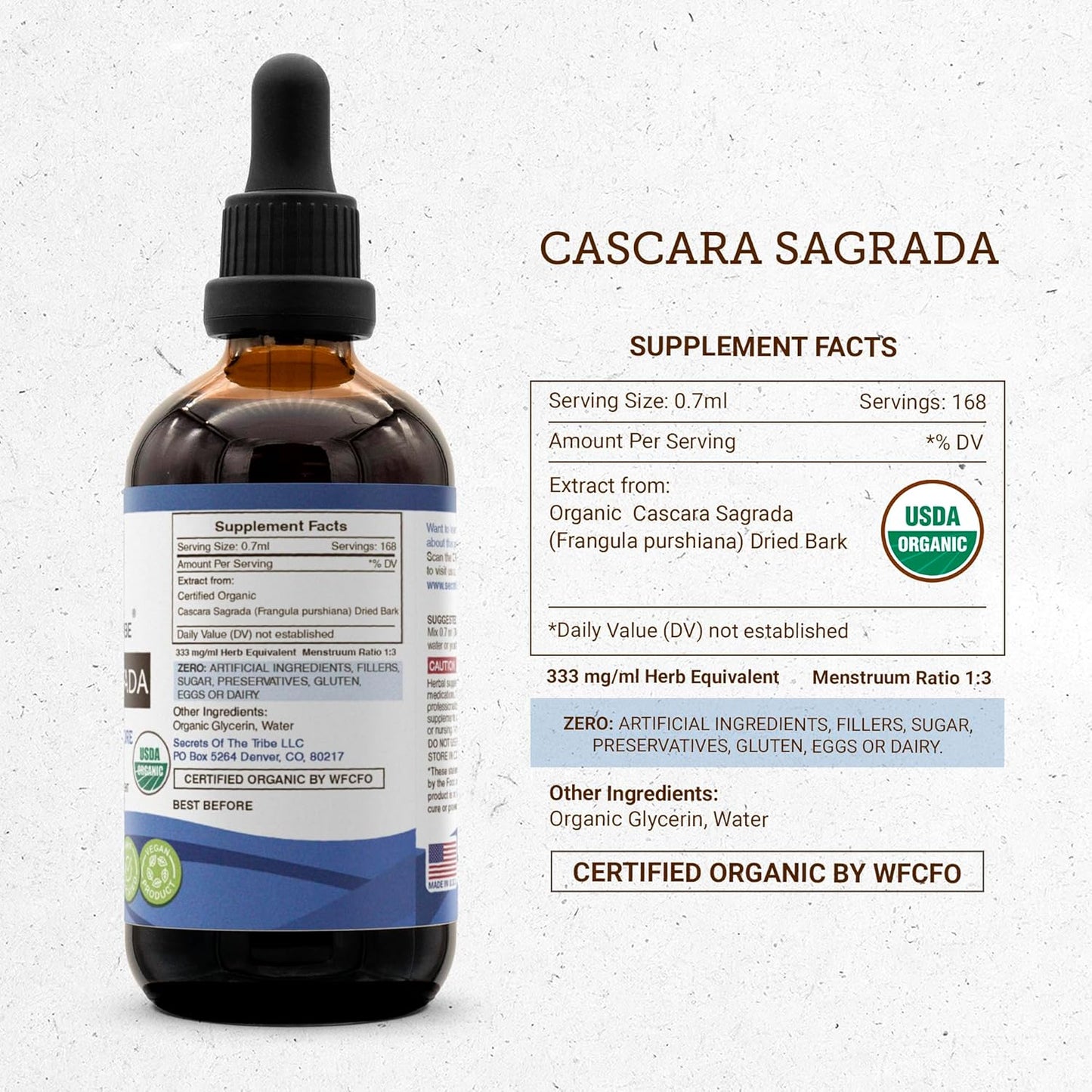 Secrets of the Tribe Cascara Sagrada USDA Organic | Alcohol-Free Extract, High-Potency Herbal Drops | Made from 100% Certified Organic Cascara Sagrada (Frangula purshiana) Dried Bark (4 oz)