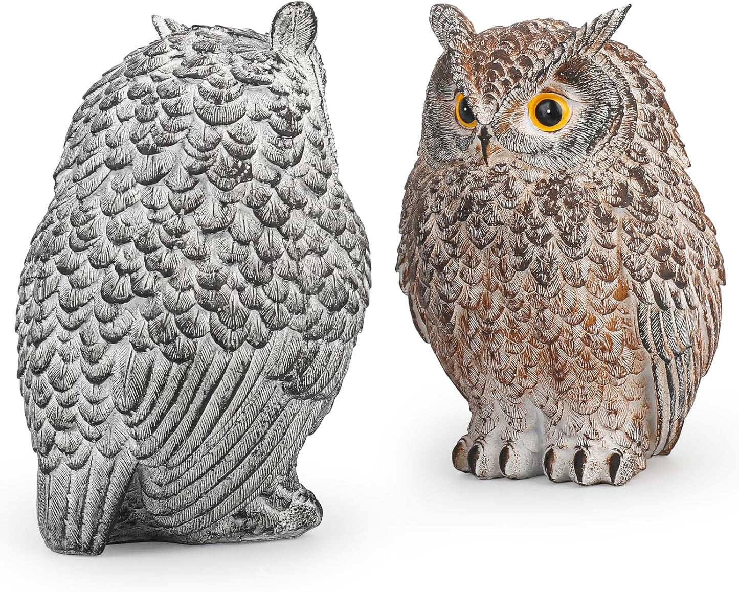 2 Pack Realistic Owl Statues for Indoor & Outdoor Decoration, Effective Birds Deterrent for Garden, Patio, Yard, and Home Decor, Suitable for Spring Decor (Brown & Gray)
