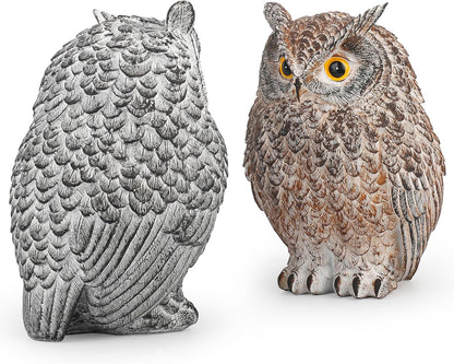 2 Pack Realistic Owl Statues for Indoor & Outdoor Decoration, Effective Birds Deterrent for Garden, Patio, Yard, and Home Decor, Suitable for Spring Decor (Brown & Gray)