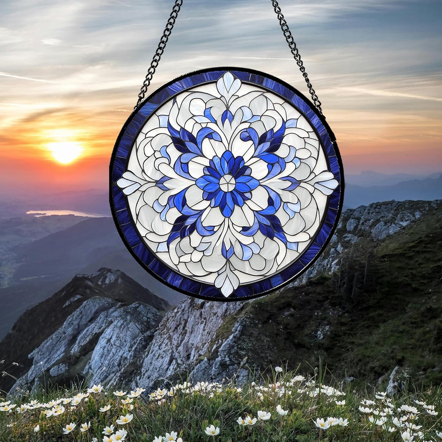 Stained Glass Window Hanging - Retro Lily of The Valley Suncatcher for Door Garden Yard Flower Sun Catchers Decor Christmas Mother's Day Birthday Gifts for Women Mom Nana Friend 7.8 in