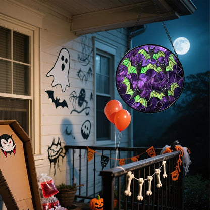 Stained Glass Window Hanging - Halloween Decorations Black Bat with Green Wings Suncatcher for Doors Garden Indoor Spooky Sun Catchers Gothic Decor Horror Gifts for Women Men Friend 11.8 in