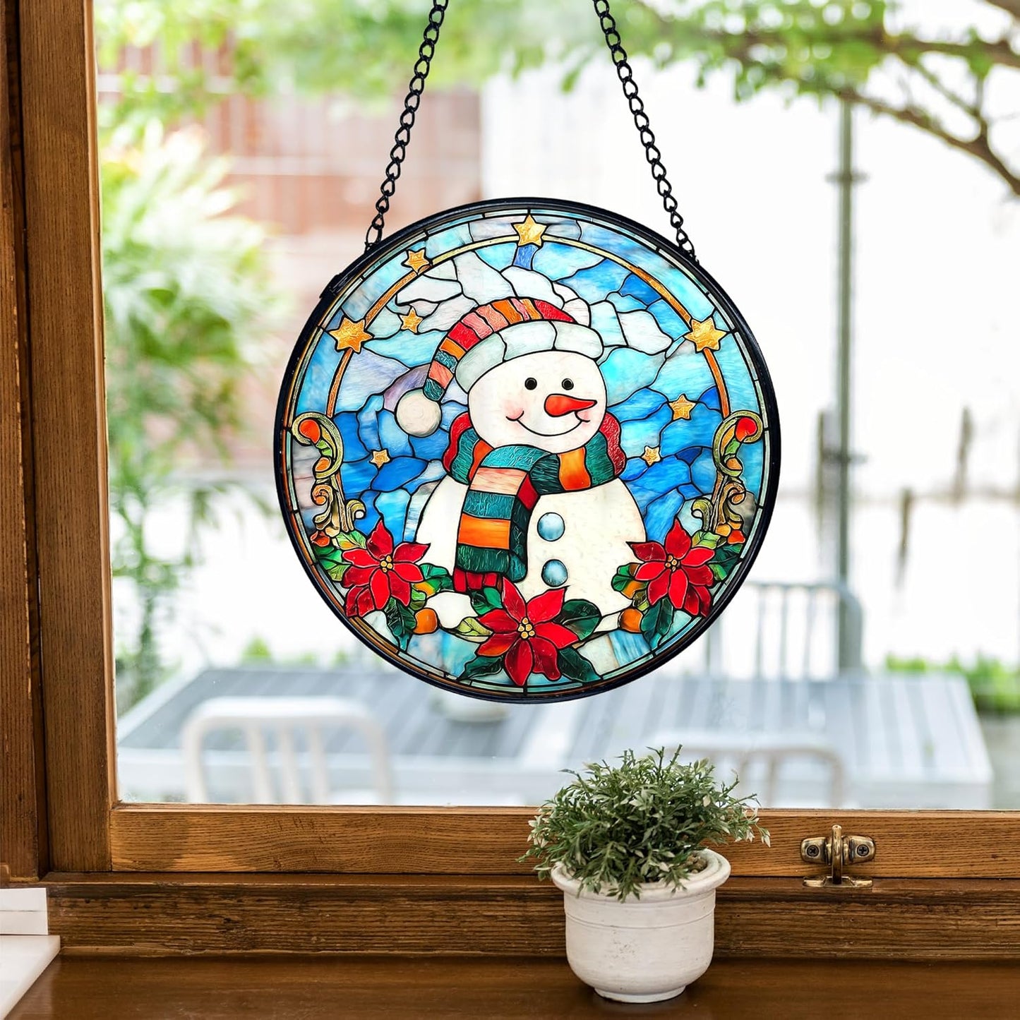 TNUW Snowman Christmas Stained Glass Window Hanging, Snowman Winter Xmas Flowers Sun Catchers Indoor Window Glass Round Wall Art Decor, Christmas Wall Hanging Decorations, 7.9＂x7.9＂