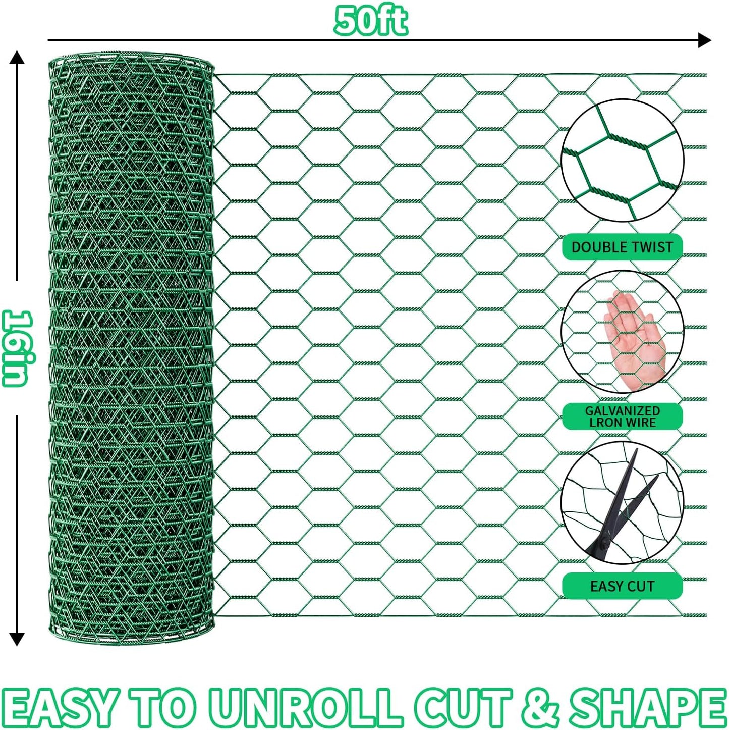 16 x 600 Inches Chicken Wire for Floral Arrangements, Green Chicken Wire, Hexagonal Galvanized Wire Mesh for Poultry Barrier, Flower Arrangement, Crafts and Garden