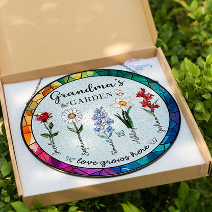 LOVELYPOD Custom Grandma Birth Flowers Stained Glass Window Sun Catcher, Grandmas Garden Sun Catcher, Birthday, Personalized Window Hanging Ornament, Mom