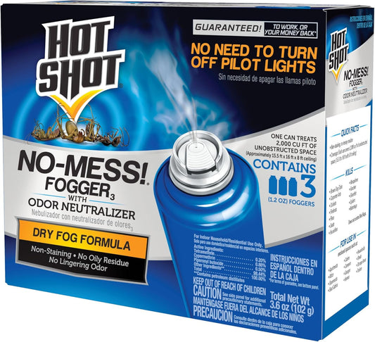 Hot Shot No-Mess! Fogger With Odor Neutralizer 3 Count-1.2 Ounce Cans, Kills Hidden Bugs, No Need To Turn Off Pilot Lights