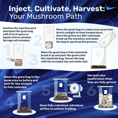 Surfin' Spores Mushroom Grow Kit | 4 lb Grow-in-Bag Kit/Monotub Refill | Includes: 1 lb Sterile Grain Bag with Injection Port & 3 lb Organic CVG Substrate | Spores Not Included (Single)