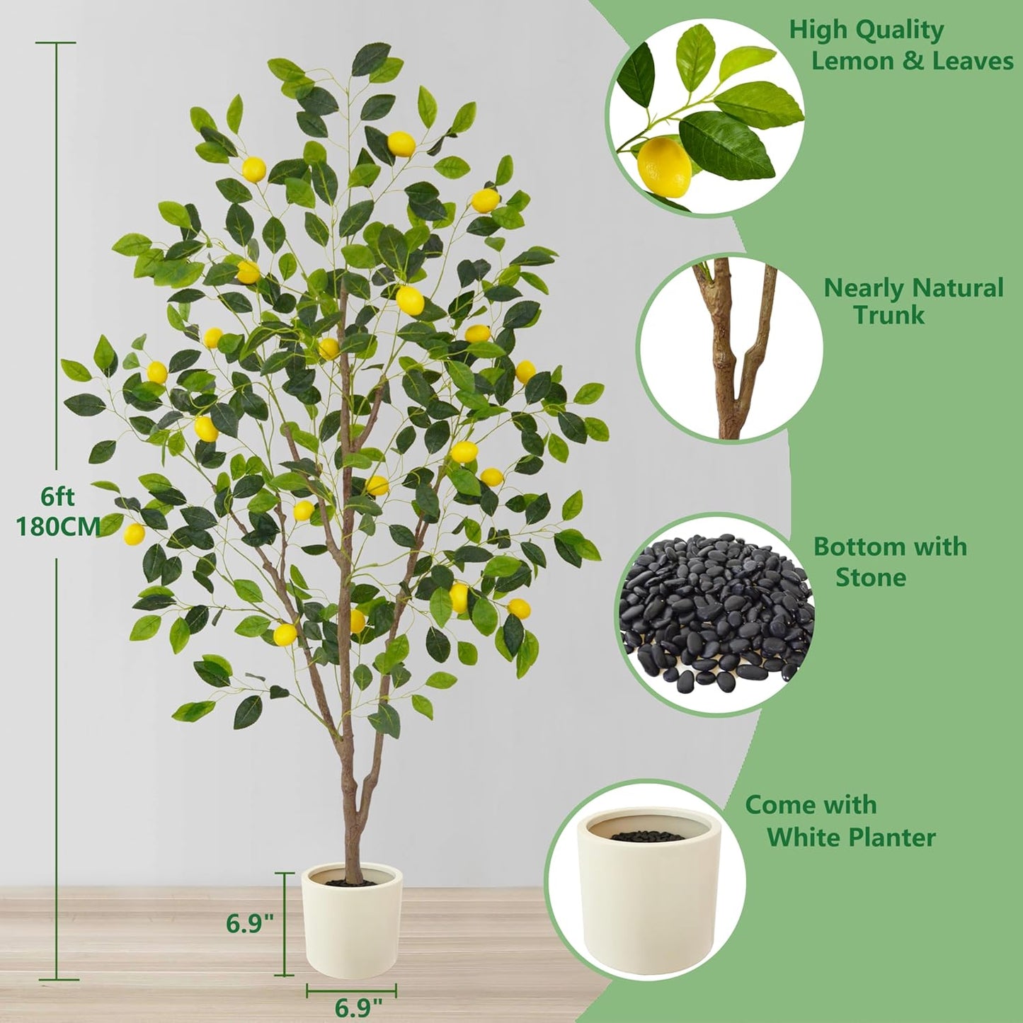 Artificial Lemon Tree, 6ft Tall Floor Faux Lemon Plastic Plant with White Planter, Fake Lemon Fruit Silk Tree for Indoor Home Decor Office Living Room