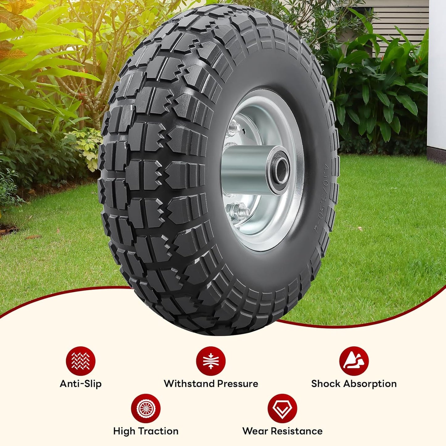 4 PCS 10” Solid Tires, 4.10/3.50-4” Flat Free Tires and Wheels with 5/8” Axle Bore Hole and Double Sealed Bearings Compatible with Hand Truck Wheelbarrow Tire Lawn Mower Tire (Silver) P-092