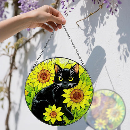 Stained Glass Window Hanging, 8 Inch Black Cat Sun Catcher, Suncatchers for Windows, Sunlight Catcher Glass, Window Hanging Decor, Gifts for Cats Lovers, Mom Gift, Black Cat Decor Gifts