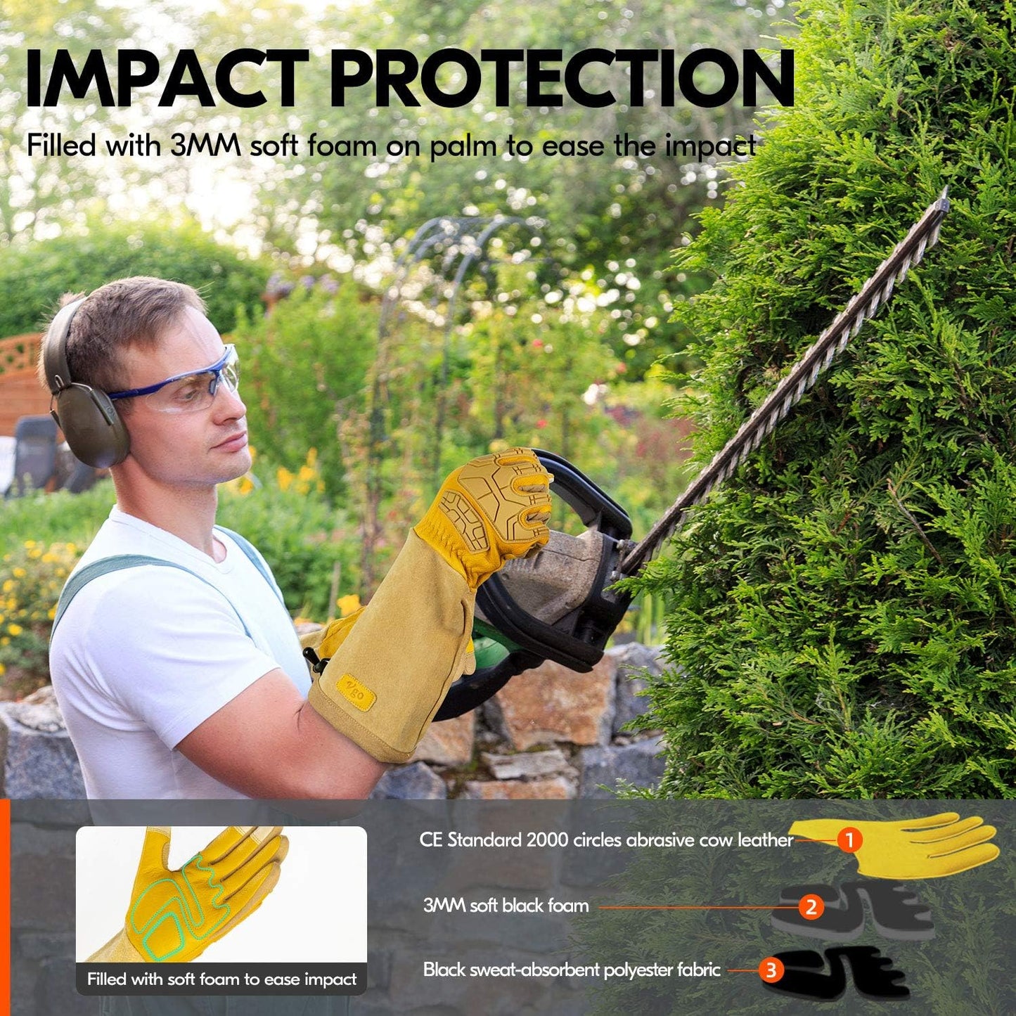 Vgo... Safety Work Gloves Men,Extra-long Cuff Thornproof,Premium Cow Grain Leather,Anti-abrasion, Anti-Impact,Gardeing (1 Pair,Size XL, Gold, CA9659)