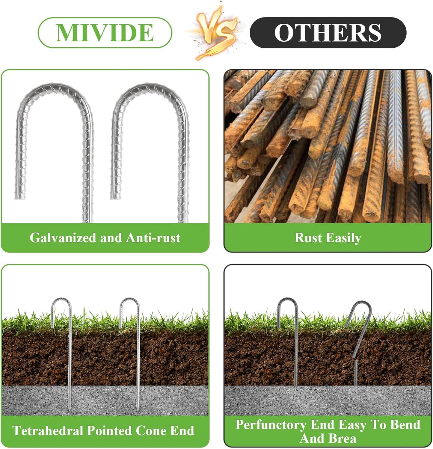 MIVIDE 30 Pack 12inch Galvanized Rebar Stakes J Hook, Heavy Duty J Hook Ground Anchors, Curved Steel Support Garden Stake with Chisel Point end for Fence Stakes, Canopies, Sheds, Swing Sets