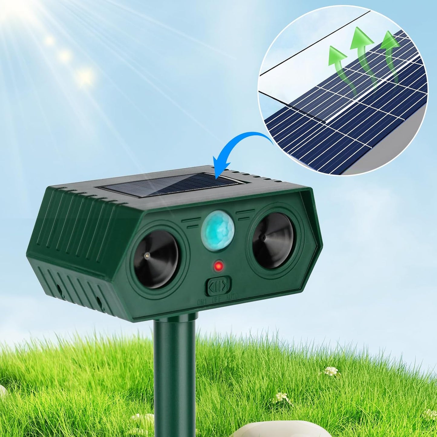 2 Pack 2025 Ultrasonic Animal Repellent Outdoor Cat Repellent Devices Solar Animal Repeller Motion Activated Deterrent to Scare Deer Squirrel Rabbit Raccoon Skunk for Yard Lawn Outdoor